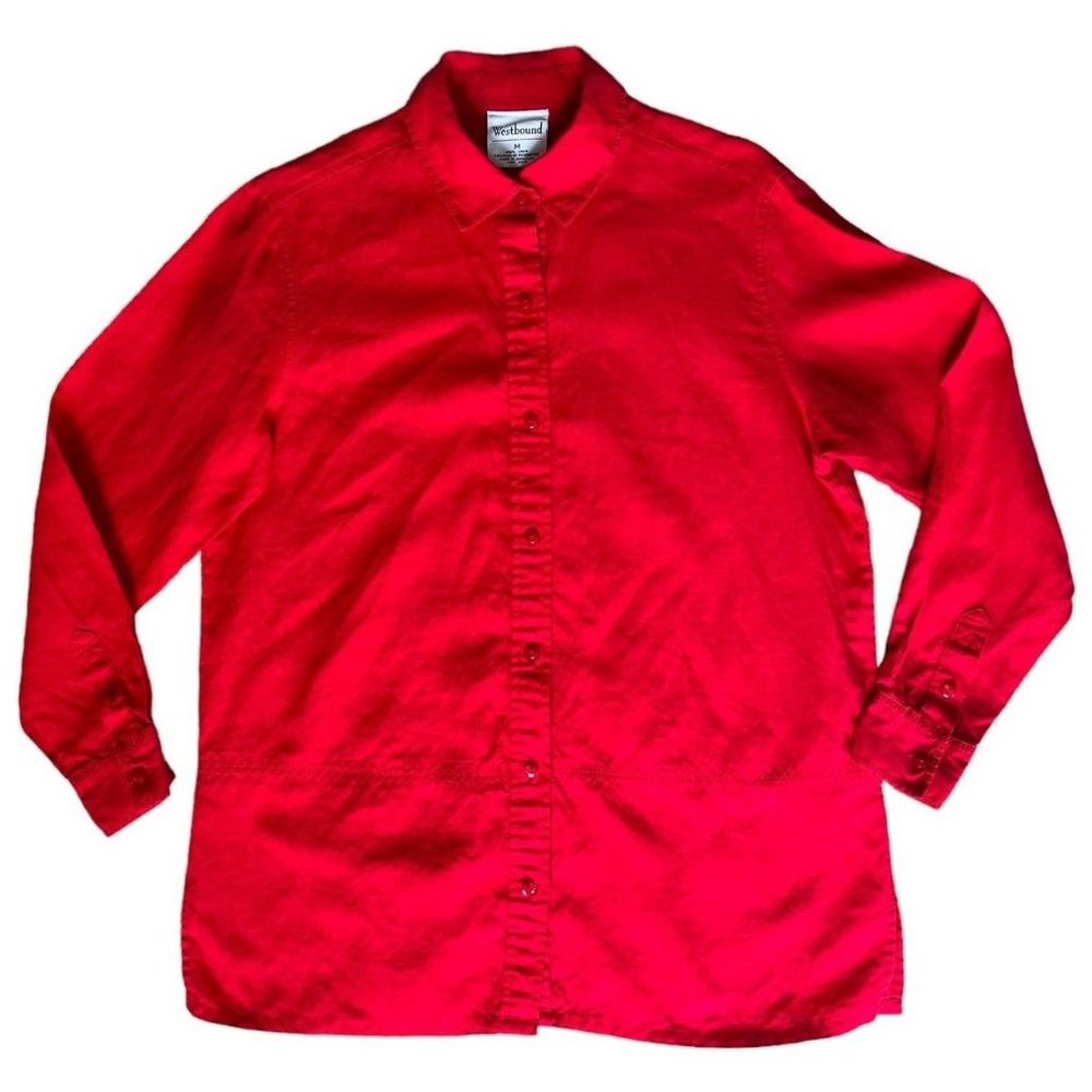 Westbound 100% Linen Tunic Button Front Top Embroidered Long Sleeve Blouse Red M